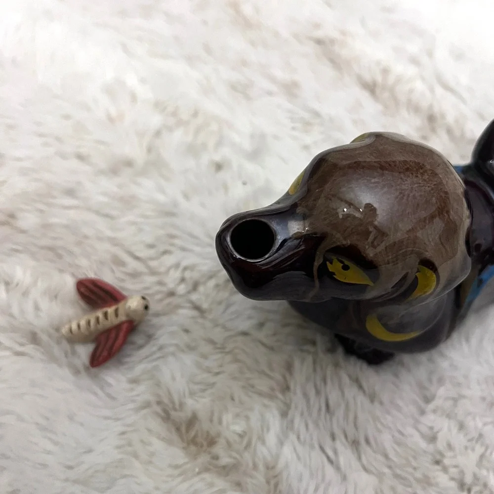Suki Dachshund Wiener Dog Japanese Decanter Vintage Ceramic Brown Blue Dragonfly